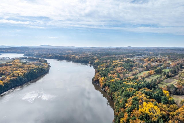 bird's eye view featuring a water and mountain view