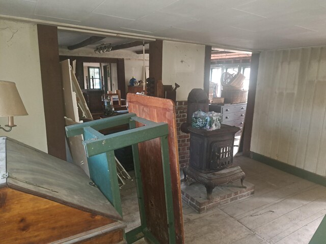 14 Fleming Rd, Bethel, ME 04217 - interior space with a wood stove and wood walls