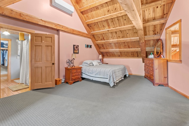 bedroom featuring carpet, a wall mounted AC, wood ceiling, and vaulted ceiling with beams