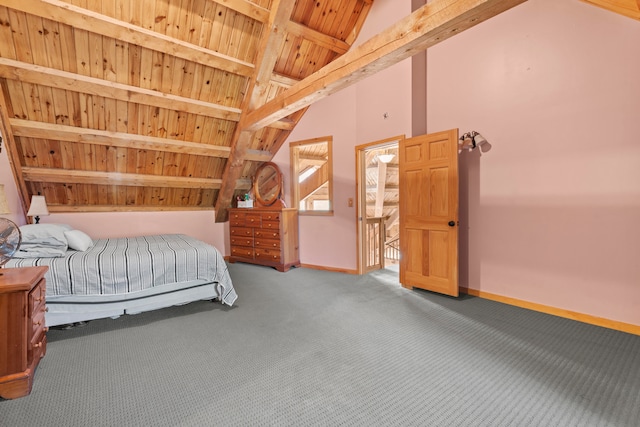 bedroom featuring wooden ceiling, lofted ceiling with beams, and carpet