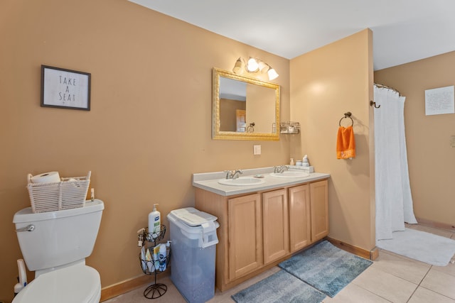 bathroom featuring a shower with curtain, toilet, tile patterned flooring, and vanity