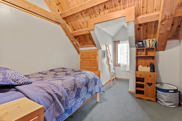 carpeted bedroom with wood ceiling and vaulted ceiling