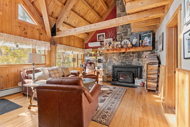 living room with high vaulted ceiling, wooden ceiling, beam ceiling, and light wood-type flooring