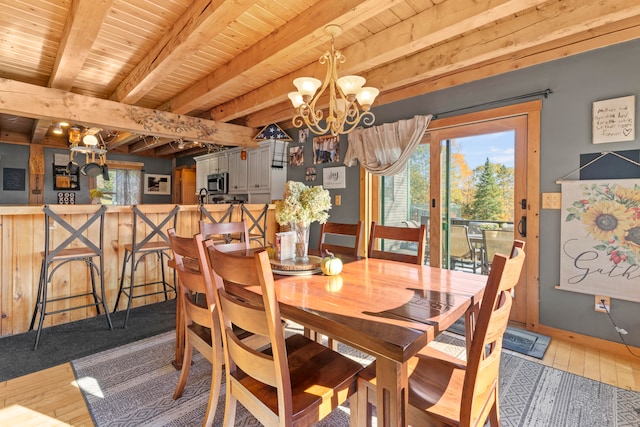 dining room with wooden ceiling, wood-type flooring, beamed ceiling, and a chandelier