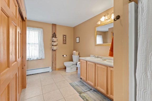 bathroom with a baseboard radiator, toilet, tile patterned floors, and vanity