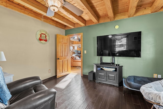 living room featuring wood ceiling, ceiling fan, beamed ceiling, and dark hardwood / wood-style flooring