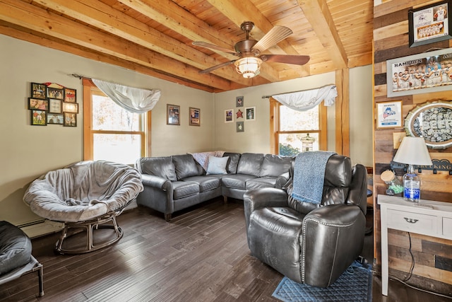 living room with a baseboard radiator, ceiling fan, dark hardwood / wood-style flooring, wood ceiling, and beamed ceiling