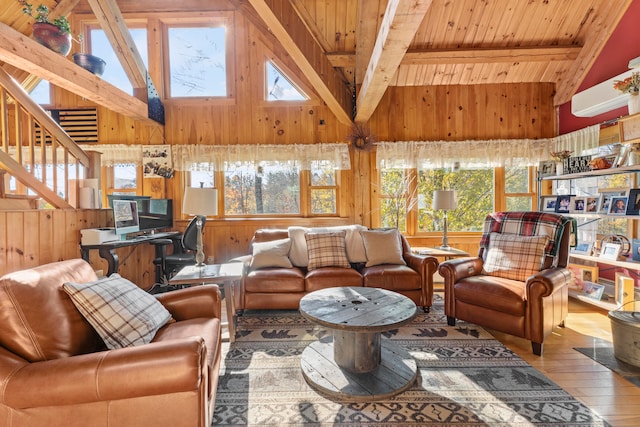 living room featuring beamed ceiling, light hardwood / wood-style floors, wood walls, high vaulted ceiling, and wooden ceiling