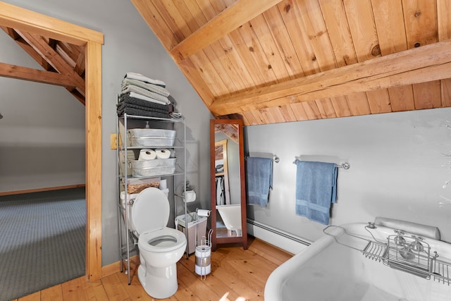 bathroom featuring a baseboard radiator, hardwood / wood-style floors, wood ceiling, toilet, and lofted ceiling with beams