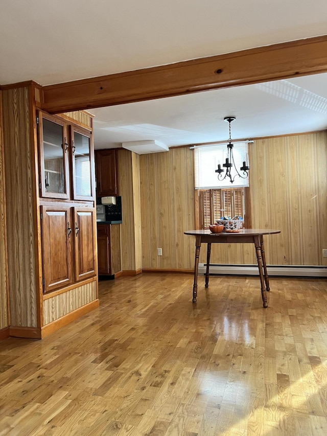 37 Spruce St, East Millinocket, ME 04430 - dining space with light wood-style flooring, a chandelier, baseboard heating, and wooden walls