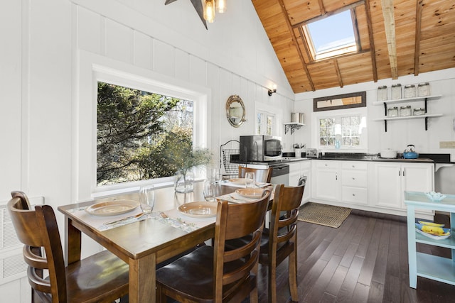 dining space featuring vaulted ceiling with skylight, wooden ceiling, and dark hardwood / wood-style floors