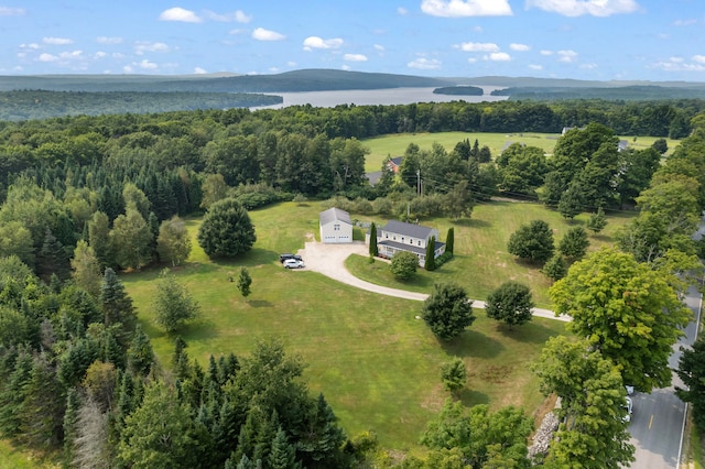 bird's eye view featuring a water and mountain view