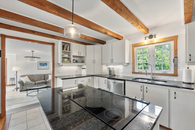 kitchen with white cabinets, beam ceiling, sink, stainless steel dishwasher, and backsplash