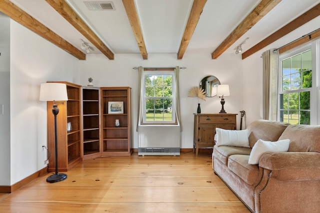 sitting room featuring beam ceiling, light hardwood / wood-style flooring, and a healthy amount of sunlight