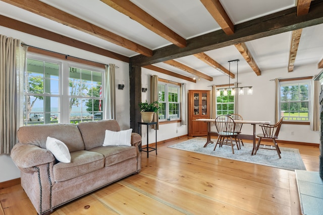 living room with light wood-type flooring, beamed ceiling, and a wealth of natural light