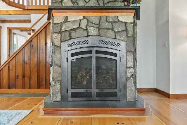 room details featuring a stone fireplace