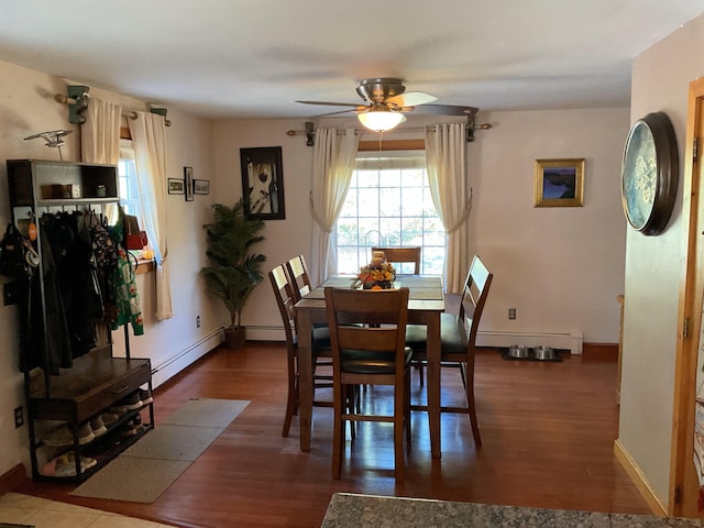 dining space with dark hardwood / wood-style floors, a baseboard heating unit, and ceiling fan