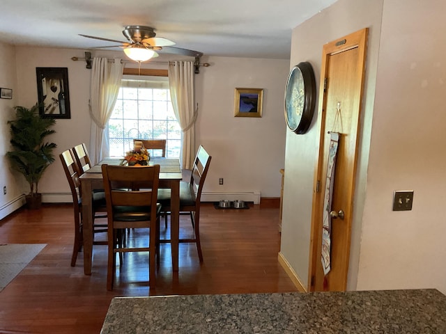 dining space with baseboard heating, dark wood-type flooring, and ceiling fan