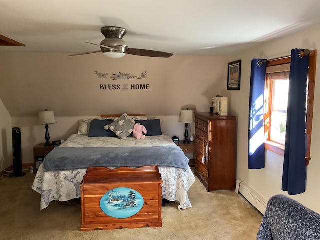 bedroom with baseboard heating, lofted ceiling, light colored carpet, and ceiling fan