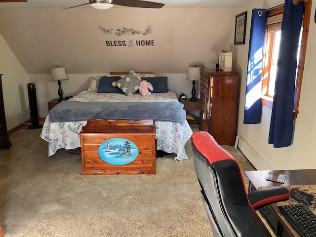 bedroom with a baseboard radiator, ceiling fan, vaulted ceiling, and carpet floors