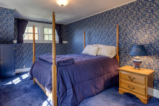 carpeted bedroom featuring ornamental molding