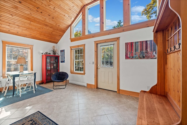 tiled foyer entrance with wood ceiling, high vaulted ceiling, and baseboard heating