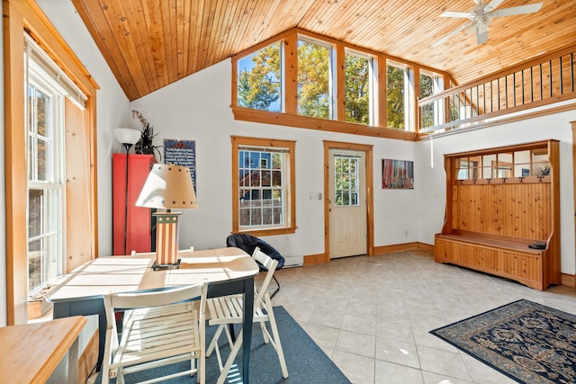 interior space with light tile patterned flooring, wood ceiling, high vaulted ceiling, and ceiling fan