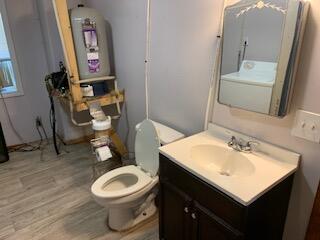 bathroom featuring vanity, toilet, and hardwood / wood-style flooring