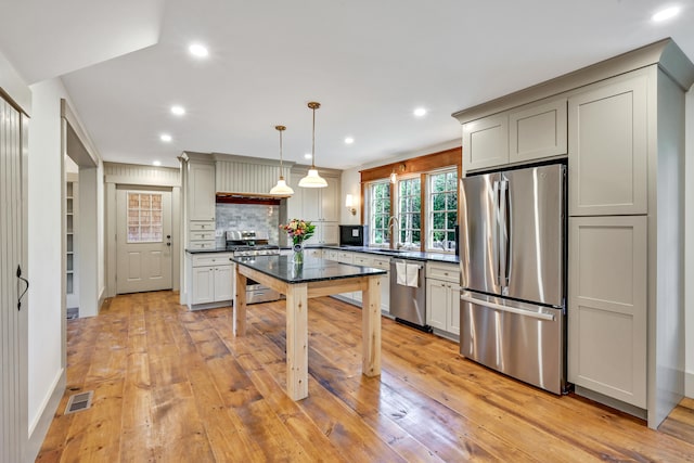 kitchen featuring appliances with stainless steel finishes, sink, backsplash, hanging light fixtures, and gray cabinetry