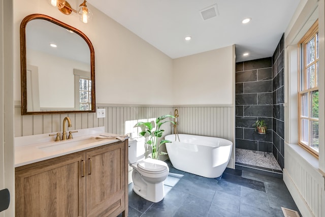 full bathroom with toilet, a healthy amount of sunlight, and vanity