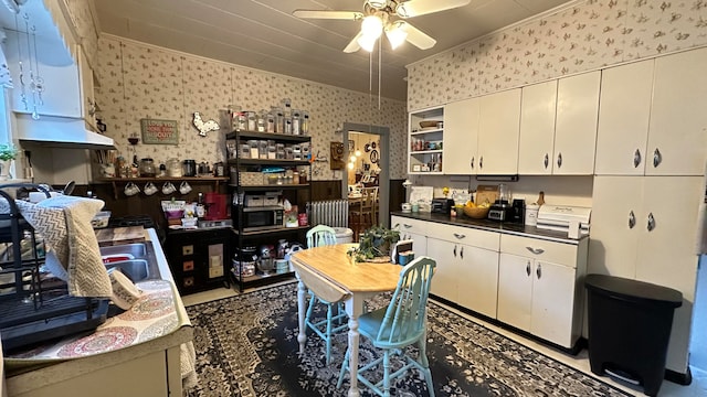 kitchen featuring ornamental molding, white cabinetry, and ceiling fan