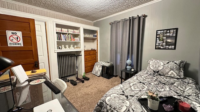 carpeted bedroom with ornamental molding