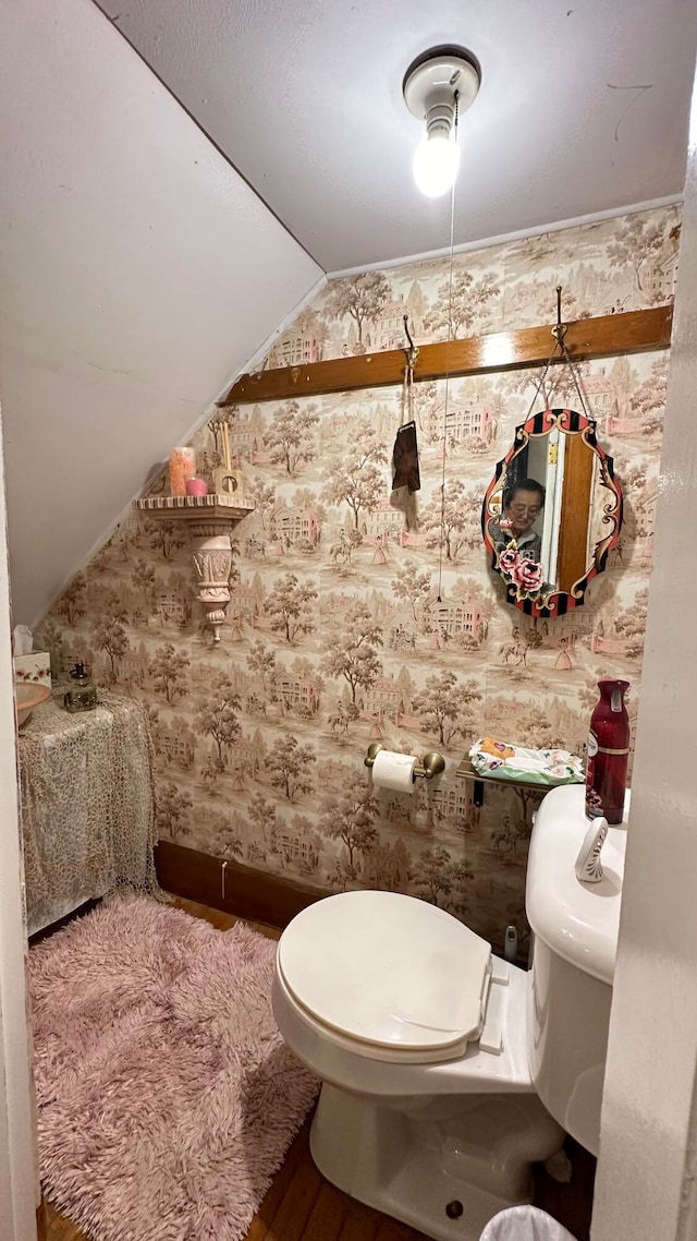 bathroom with toilet, hardwood / wood-style flooring, and lofted ceiling