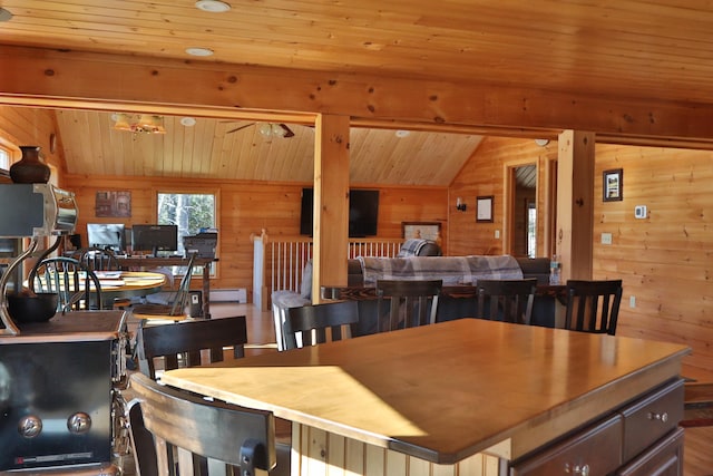 dining space with vaulted ceiling, wooden ceiling, and wood walls