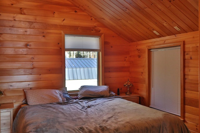 bedroom featuring wooden ceiling, vaulted ceiling, and wooden walls