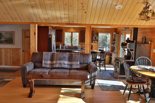 living room with sink, wooden walls, light hardwood / wood-style flooring, and wood ceiling