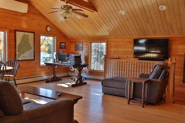 living room with a wall mounted air conditioner, a healthy amount of sunlight, wooden ceiling, and light wood-type flooring