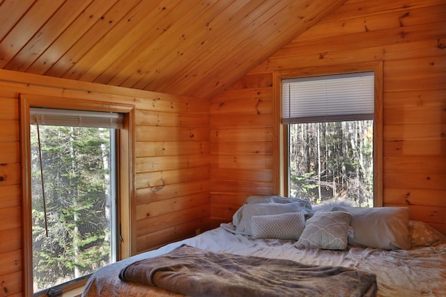 bedroom featuring wood walls, wooden ceiling, and lofted ceiling