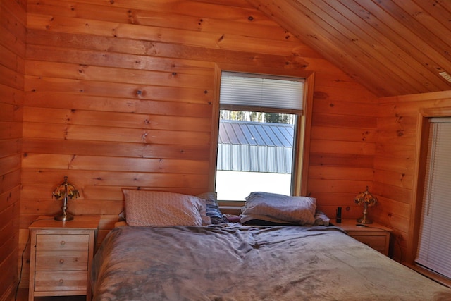 bedroom featuring wood ceiling, wooden walls, and vaulted ceiling