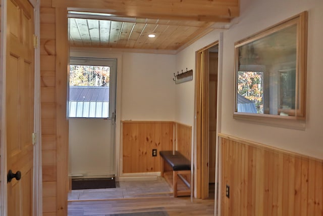 doorway with wood walls, wood-type flooring, and wooden ceiling