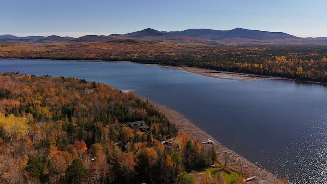 birds eye view of property with a water and mountain view