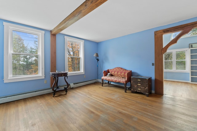 sitting room featuring light hardwood / wood-style floors, beamed ceiling, and a baseboard heating unit