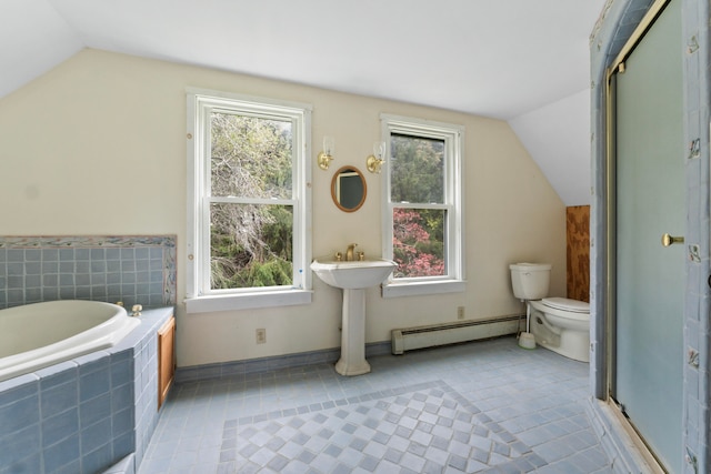 full bathroom featuring toilet, a baseboard heating unit, plenty of natural light, and plus walk in shower