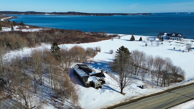 snowy aerial view with a water view