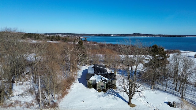 snowy aerial view with a water view