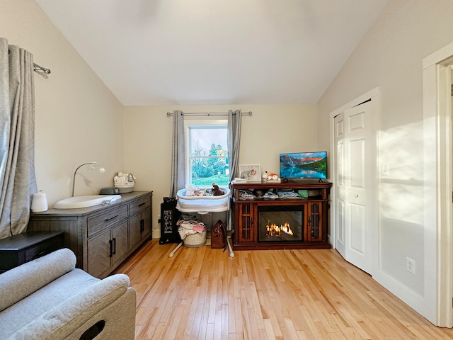 living area featuring sink, light wood-type flooring, and vaulted ceiling