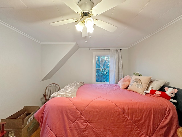 bedroom featuring ceiling fan and ornamental molding