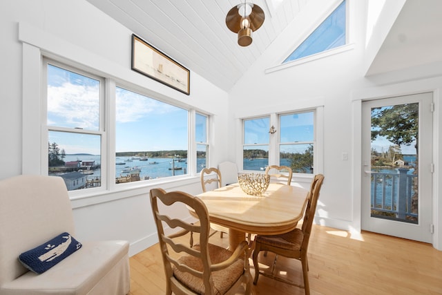 sunroom / solarium with vaulted ceiling, a water view, and a wealth of natural light