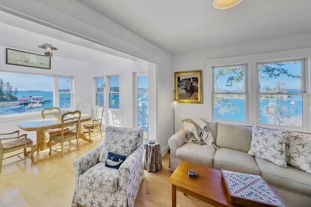 living room with light hardwood / wood-style floors, a water view, and a wealth of natural light