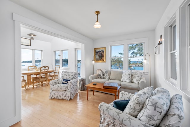 living room with a water view and light wood-type flooring